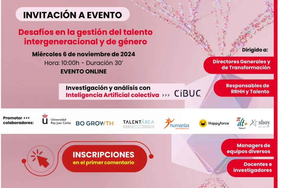 Te invito a participar en el evento que celebraremos el próximo 6 de noviembre, en online y en 30 minutos, descubrirás el potencial de la IA Colectiva para resolver desafíos complejos, podrás participar en la resolución del reto propuesto y recibirás un resumen con las principales conclusiones y aprendizajes clave para aplicar en tu propio desempeño.<br />
 